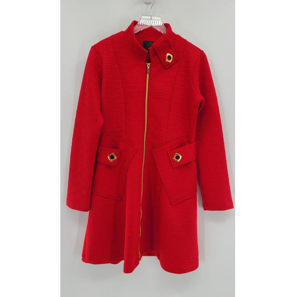 UbU Red Quilted Women Long Coat Small Zipper Minimalist Holiday Gold Hardware‎
